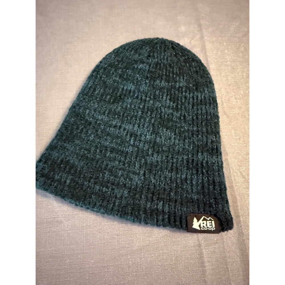 REI Co-op‎ Knit Beanie Forest Green Marl Ribbed Winter Hat Cuffed Logo Patch